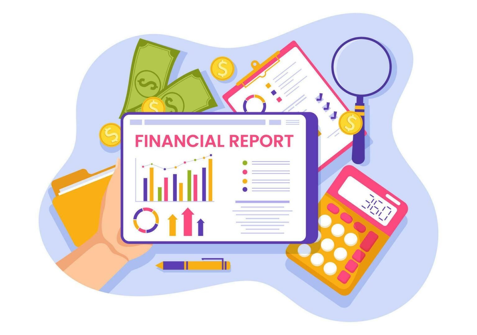 financial-report-illustration-with-data-charts-graphs-and-diagrams-on-finance-transaction-analysis-and-statistic-online-in-flat-background-vector